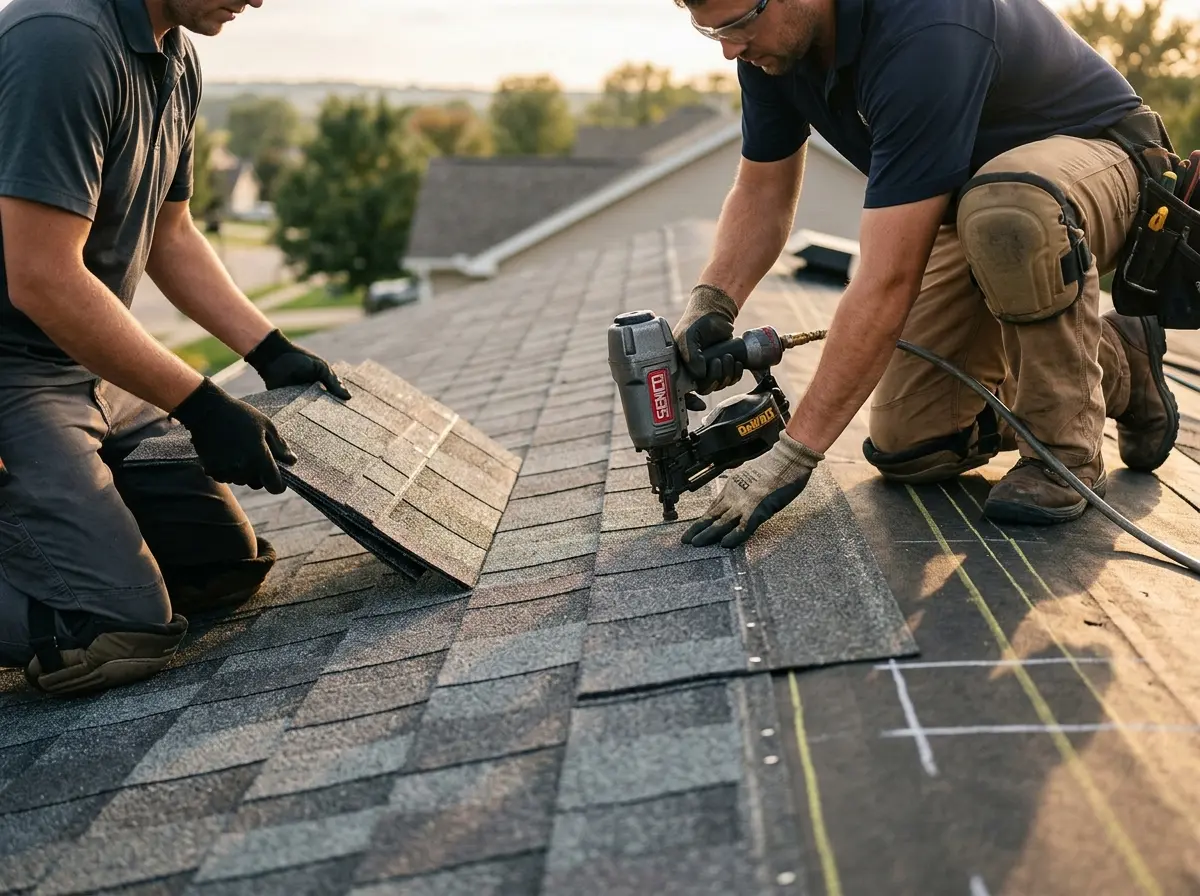 Professional roofer working on a residential roof in Overland Park